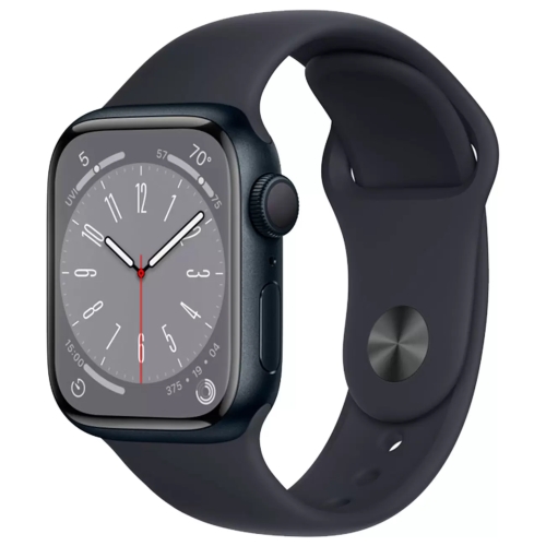 Apple Watch Series 8, 45 мм, корпус из алюминия цвета «тёмная ночь», спортивный ремешок размер S/M цвета «тёмная ночь»