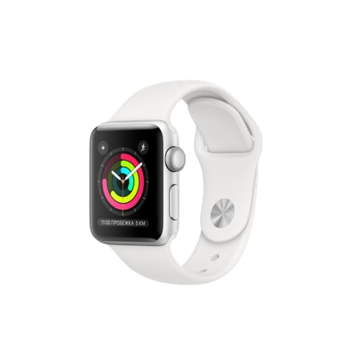 Apple Watch Series 3, 38мм, корпус из серебристого алюминия, спортивный ремешок белого цвета