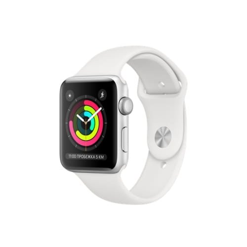 Apple Watch Series 3, 42мм, корпус из серебристого алюминия, спортивный ремешок белого цвета