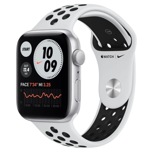 Apple Watch Series SE, 44мм, алюминий, серебристый, спортивный ремешок Nike