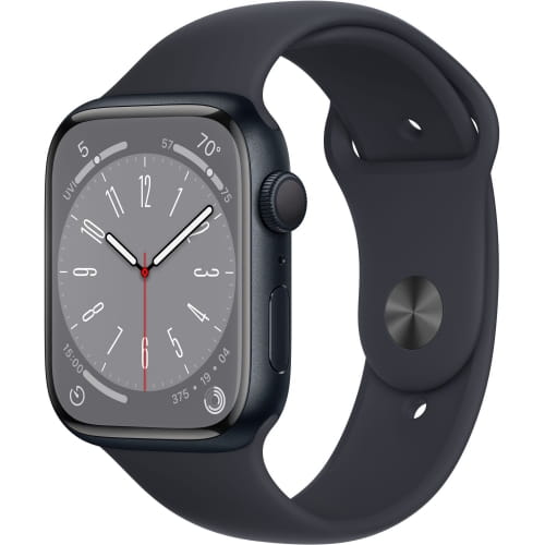 Apple Watch Series 8, 45 мм, корпус из алюминия цвета «тёмная ночь», спортивный ремешок размер M/L цвета «тёмная ночь»