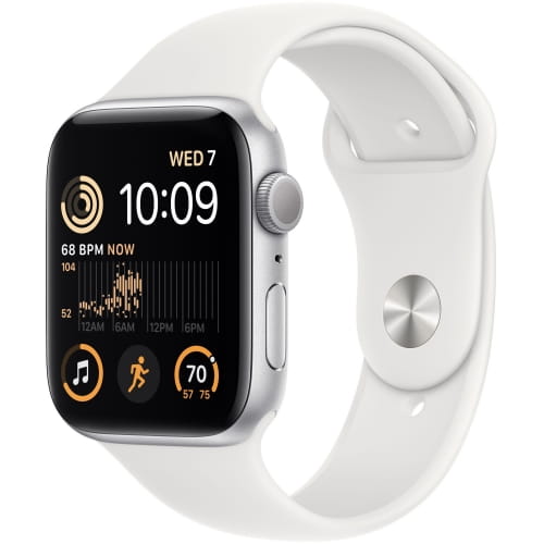 Apple Watch SE (2022) 44 мм, корпус из алюминия серебристого цвета, спортивный ремешок белого цвета