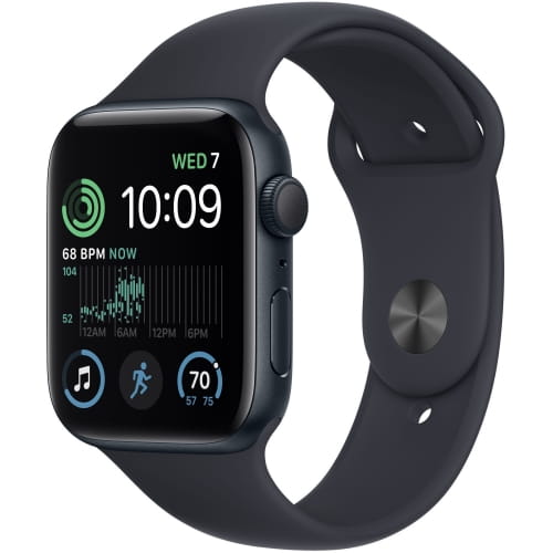 Apple Watch SE (2022) 44 мм, корпус из алюминия цвета «тёмная ночь», спортивный ремешок цвета «тёмная ночь»