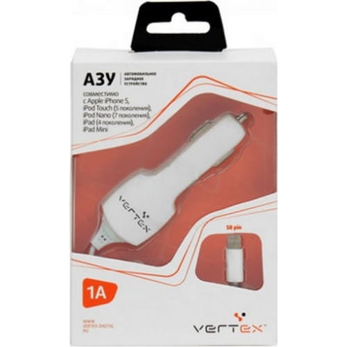 Зарядное устройство автомобильное Vertex, для iphone 5/ ipad mini/ iPod touch 5, 1000мА, белый